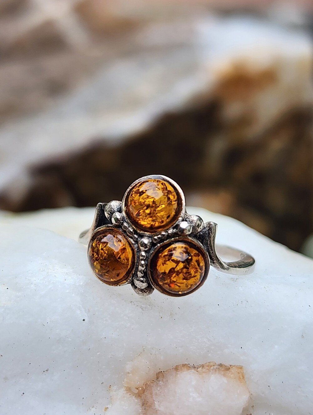 Amber Ring Sterling Silver 925  Baltic Honey Cognac Natural Amber Jewelry